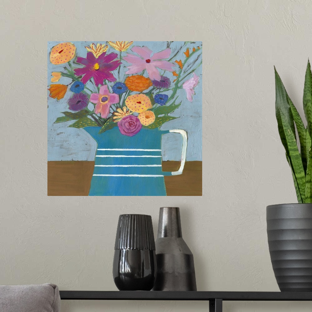 A modern room featuring Folk art painting of bouquet of flowers in a farmhouse pitcher.