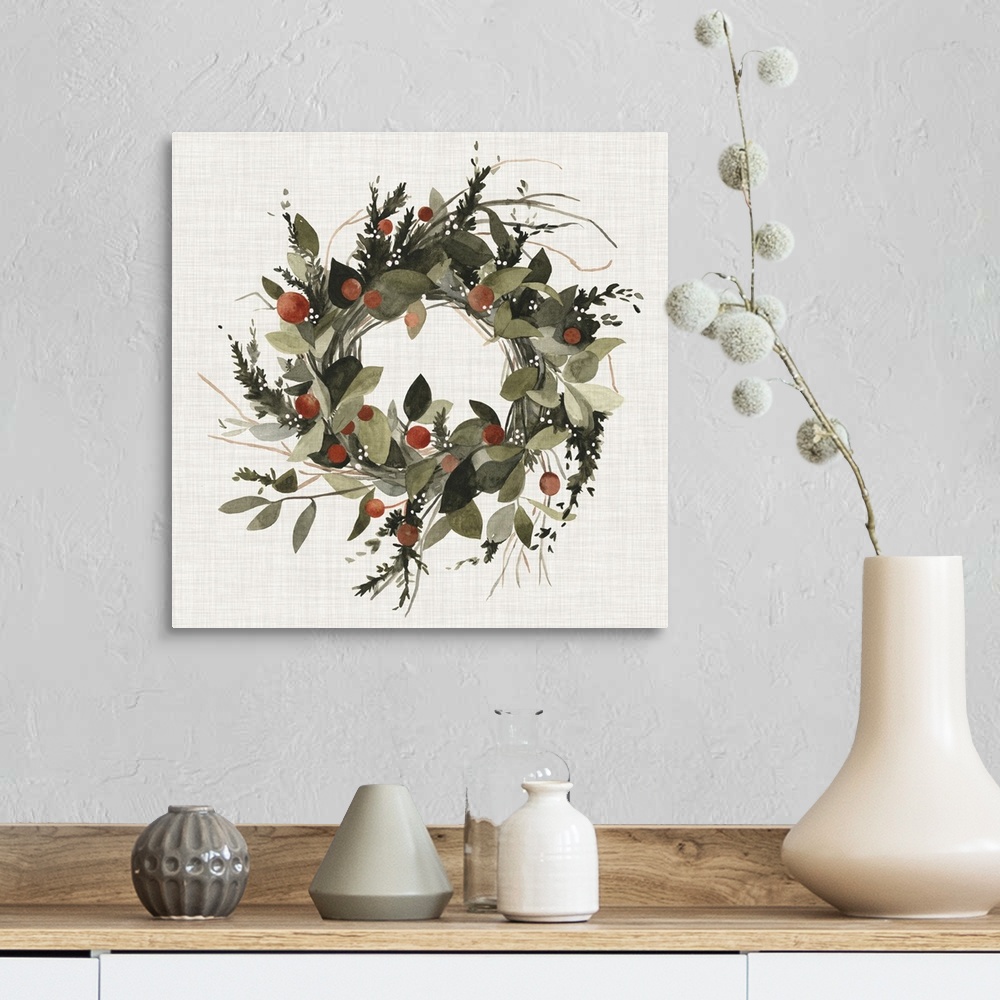 A farmhouse room featuring A decorative farmhouse wreath of holiday greenery and berries on a linen background.
