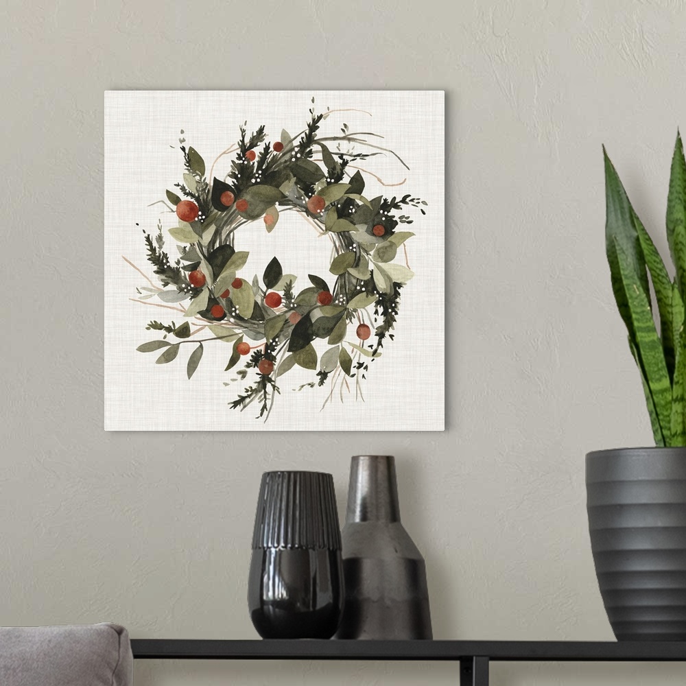 A modern room featuring A decorative farmhouse wreath of holiday greenery and berries on a linen background.