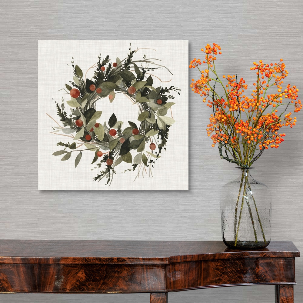 A traditional room featuring A decorative farmhouse wreath of holiday greenery and berries on a linen background.
