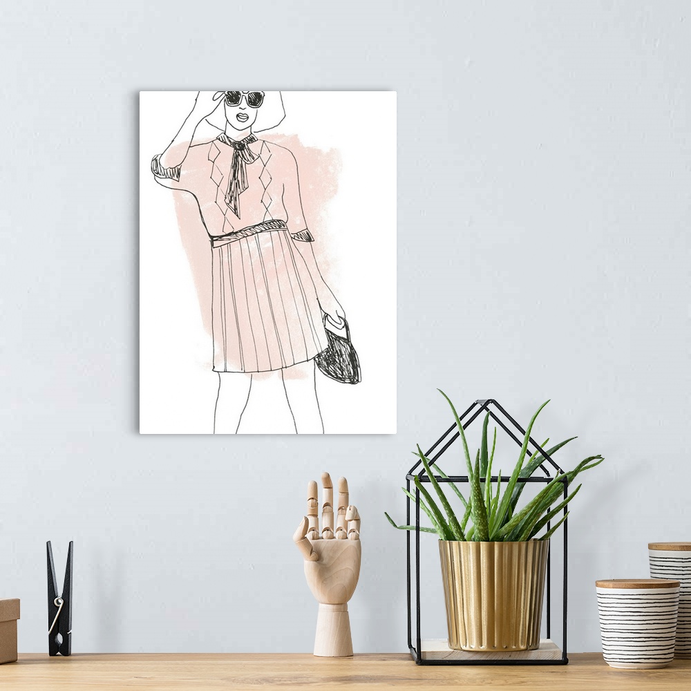 A bohemian room featuring Black and white fashion sketch on a white background with blush pink brushstrokes.