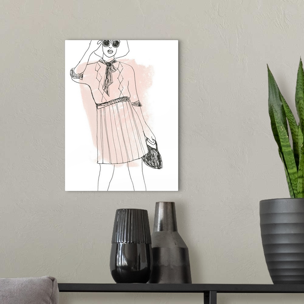 A modern room featuring Black and white fashion sketch on a white background with blush pink brushstrokes.