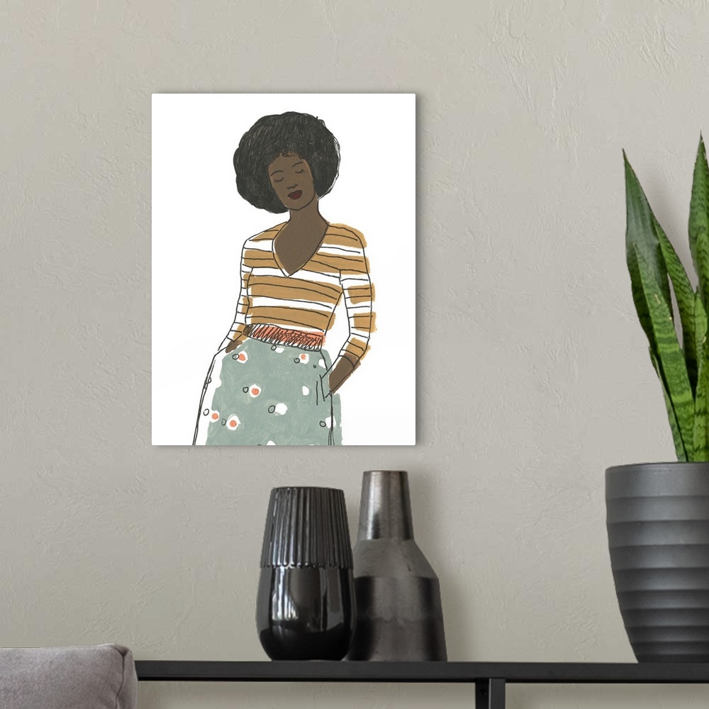 A modern room featuring Contemporary figurative painting of a fashionable young woman.