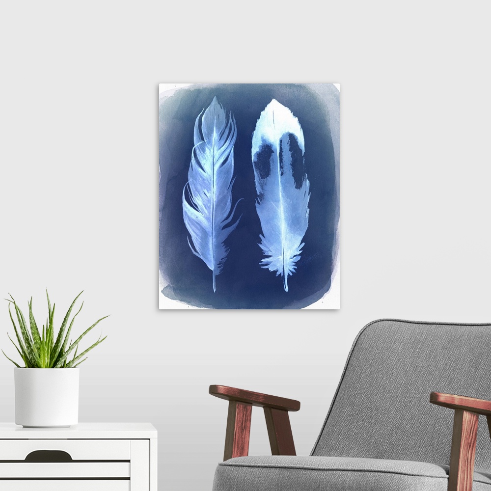 A modern room featuring Watercolor painting of two feathers, with the appearance of a film negative.