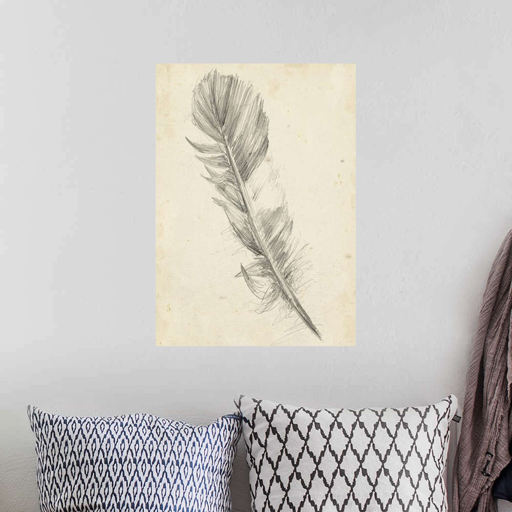 A bohemian room featuring Contemporary artwork of a pencil sketch of a bird feather against a beige background.