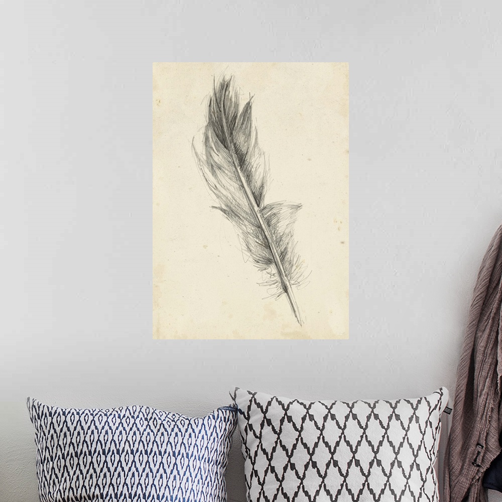 A bohemian room featuring Contemporary artwork of a pencil sketch of a bird feather against a beige background.
