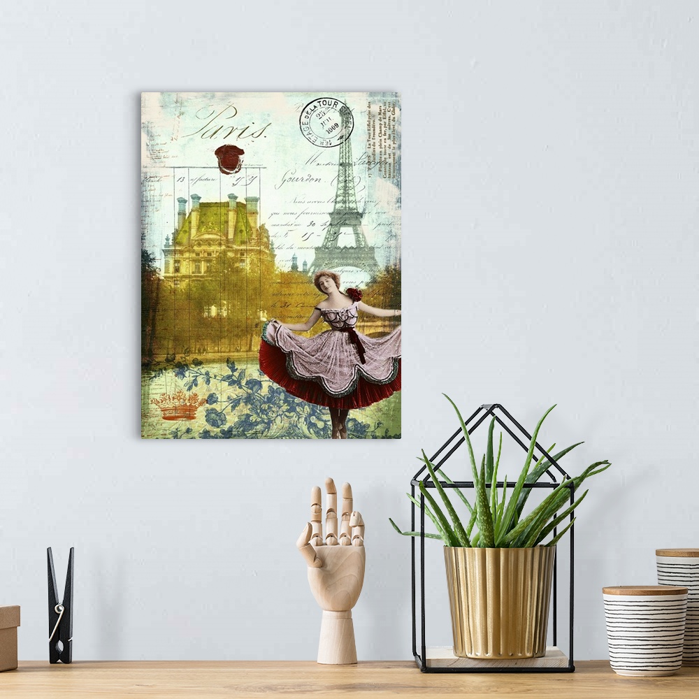 A bohemian room featuring Travel collage of Paris featuring a french ballet dancer decorated with french text.
