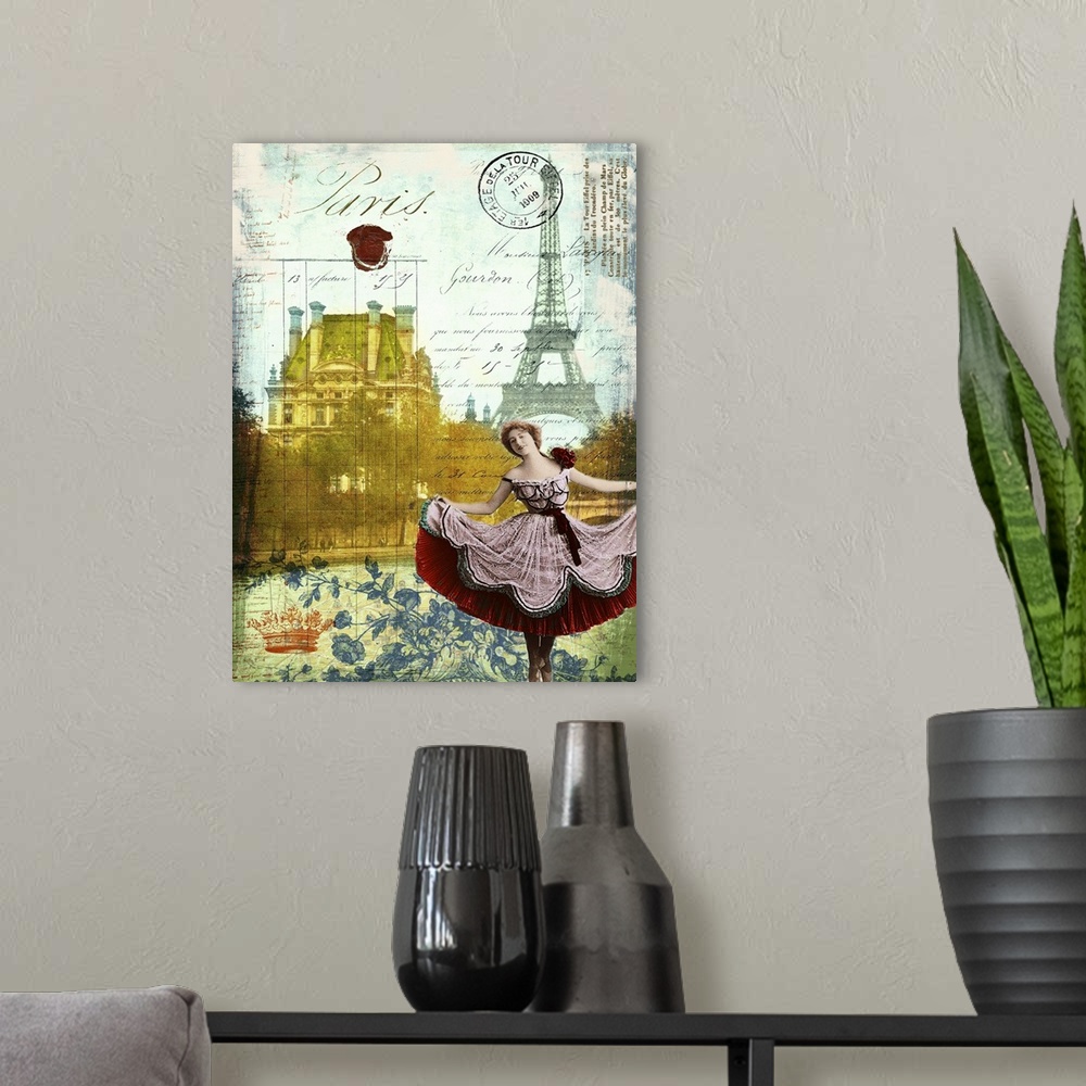 A modern room featuring Travel collage of Paris featuring a french ballet dancer decorated with french text.