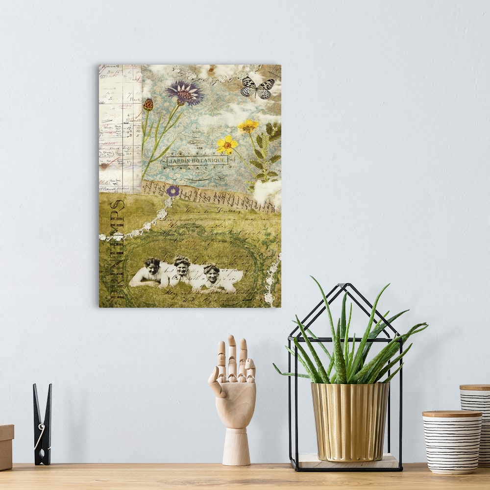 A bohemian room featuring Travel collage of a vintage scene over vintage documents with french themed elements.