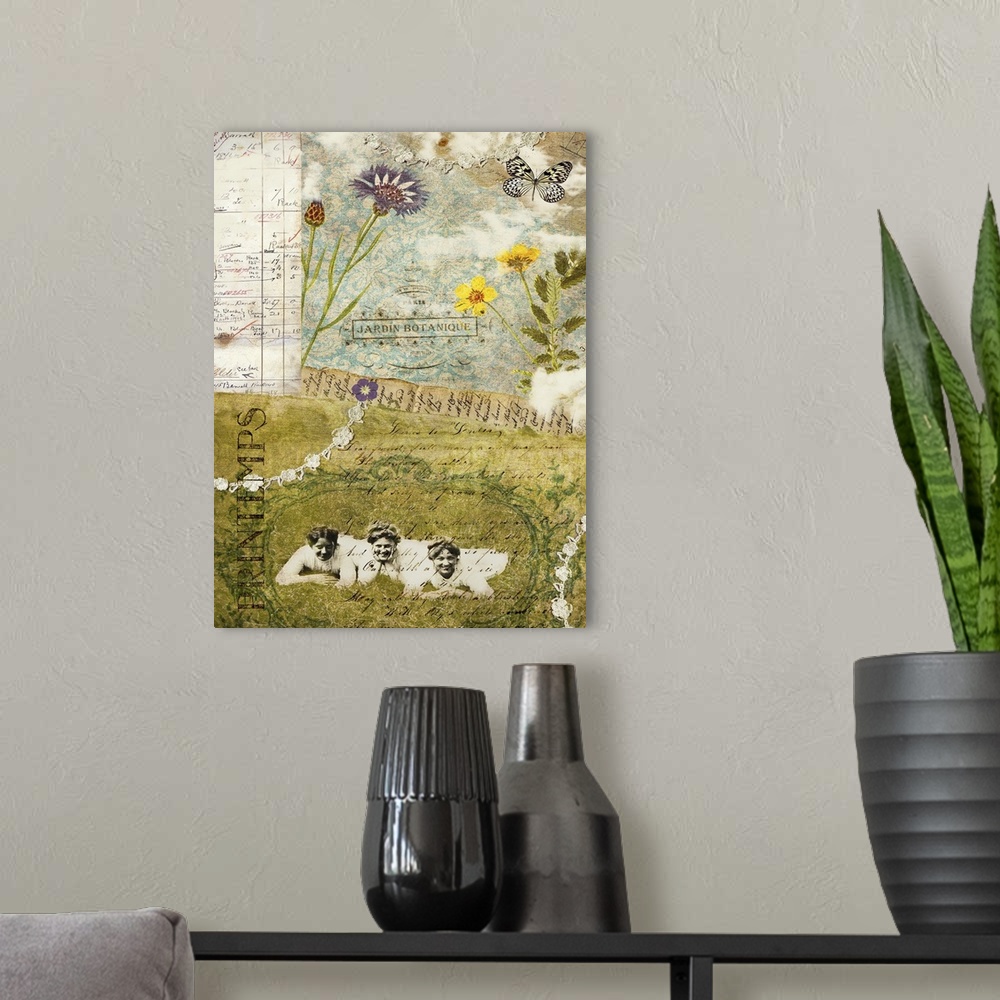 A modern room featuring Travel collage of a vintage scene over vintage documents with french themed elements.