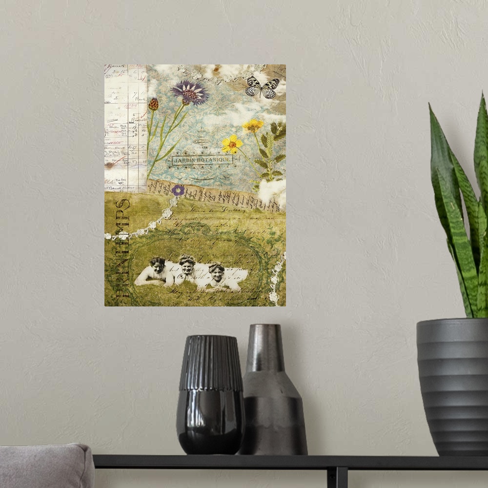 A modern room featuring Travel collage of a vintage scene over vintage documents with french themed elements.