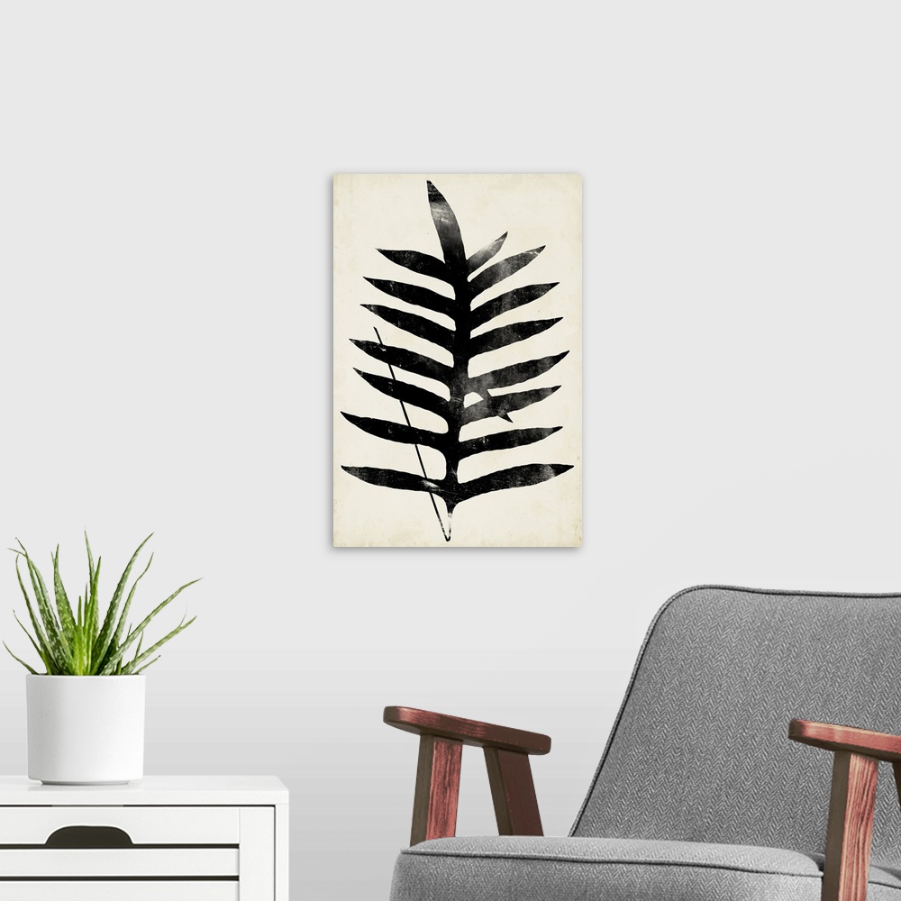 A modern room featuring This contemporary artwork features a silhouette of a fern leaf over a neutral background with dis...