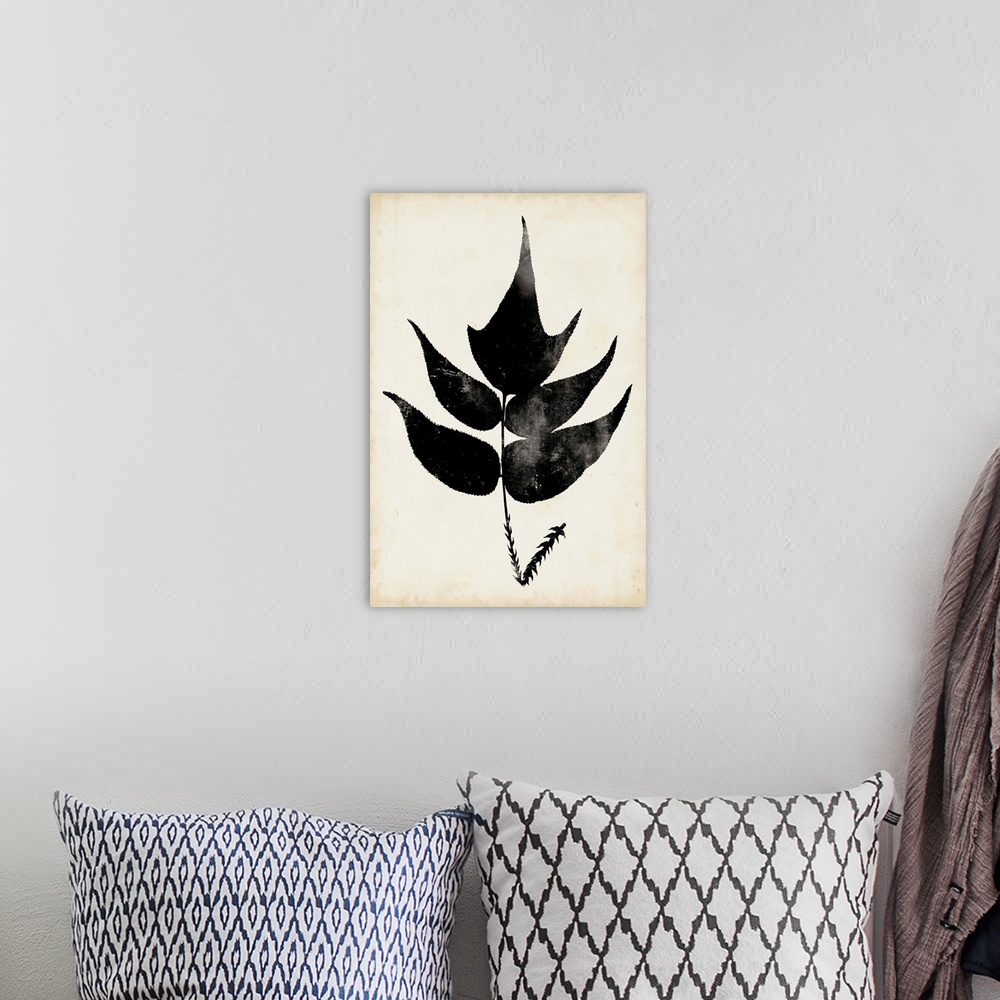 A bohemian room featuring This contemporary artwork features a silhouette of a fern leaf over a neutral background with dis...