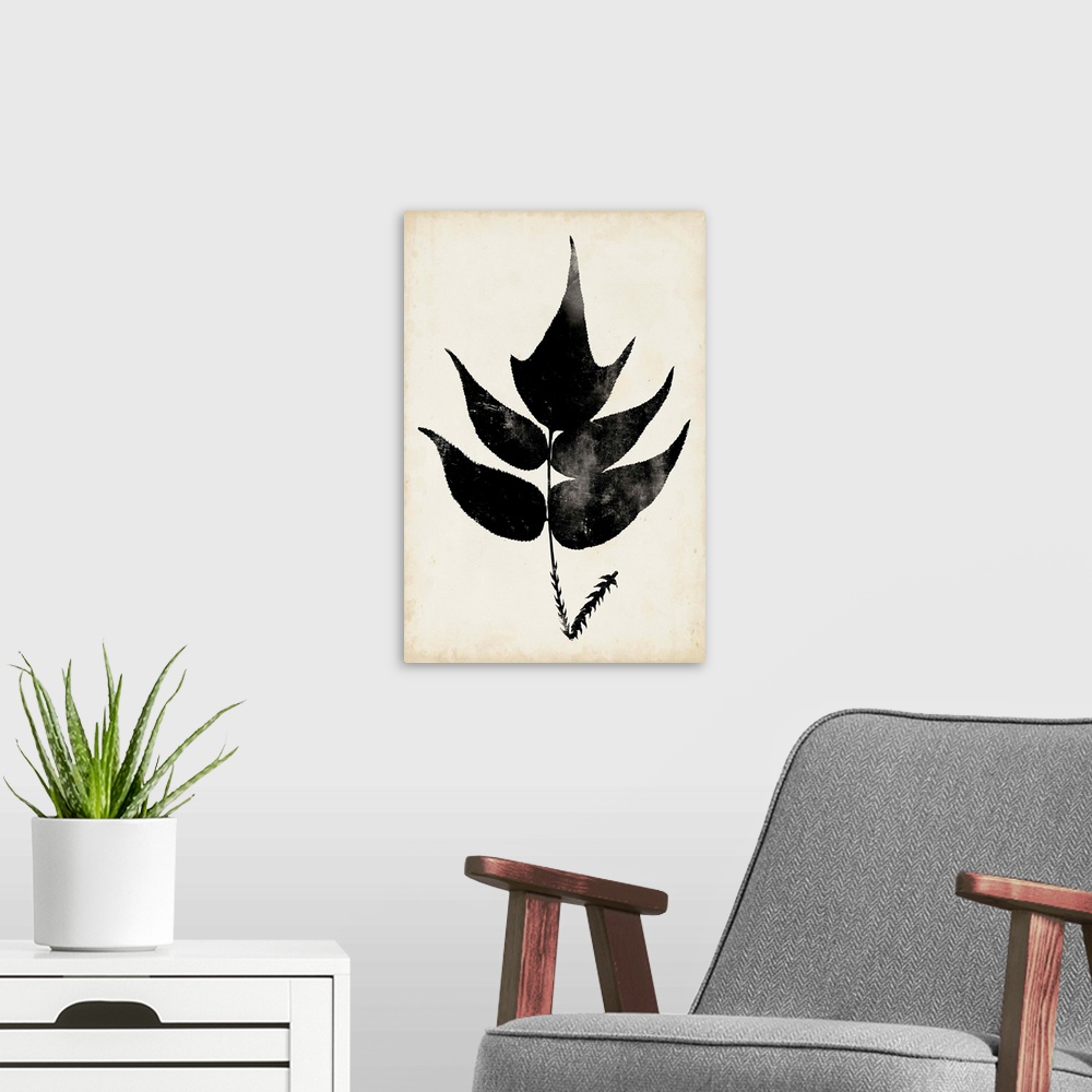 A modern room featuring This contemporary artwork features a silhouette of a fern leaf over a neutral background with dis...