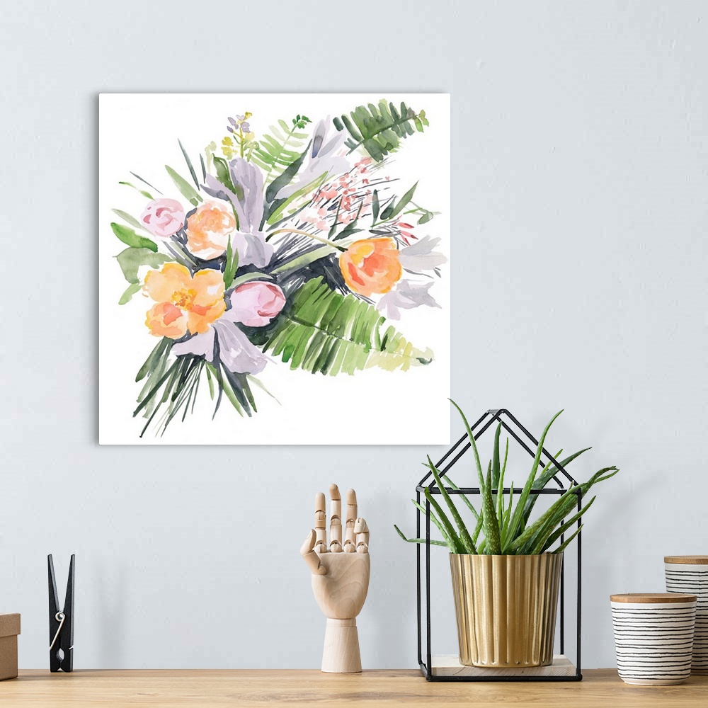 A bohemian room featuring Contemporary watercolor painting of a bouquet of ferns and tulips.