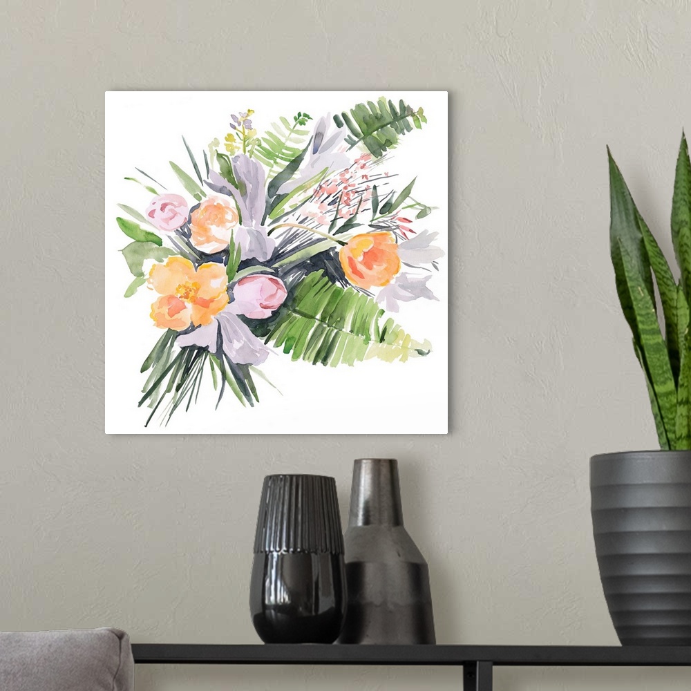 A modern room featuring Contemporary watercolor painting of a bouquet of ferns and tulips.