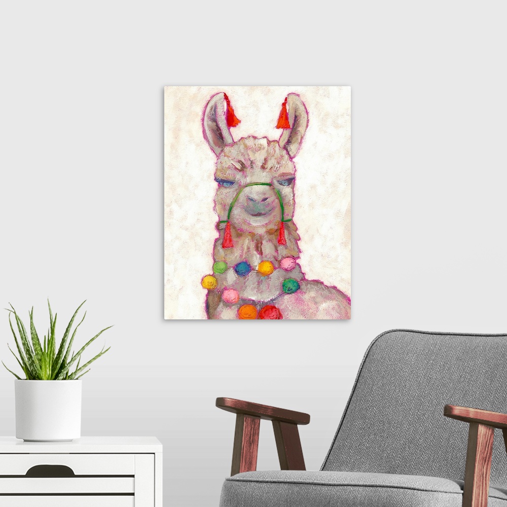 A modern room featuring Lovely illustration of a llama decorated with colorful pom poms and tassels.