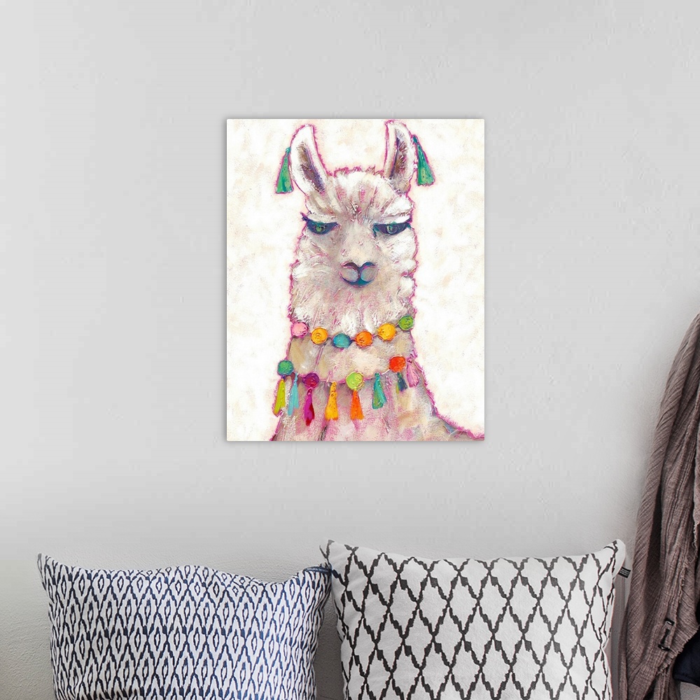 A bohemian room featuring Lovely illustration of a llama decorated with colorful pom poms and tassels.