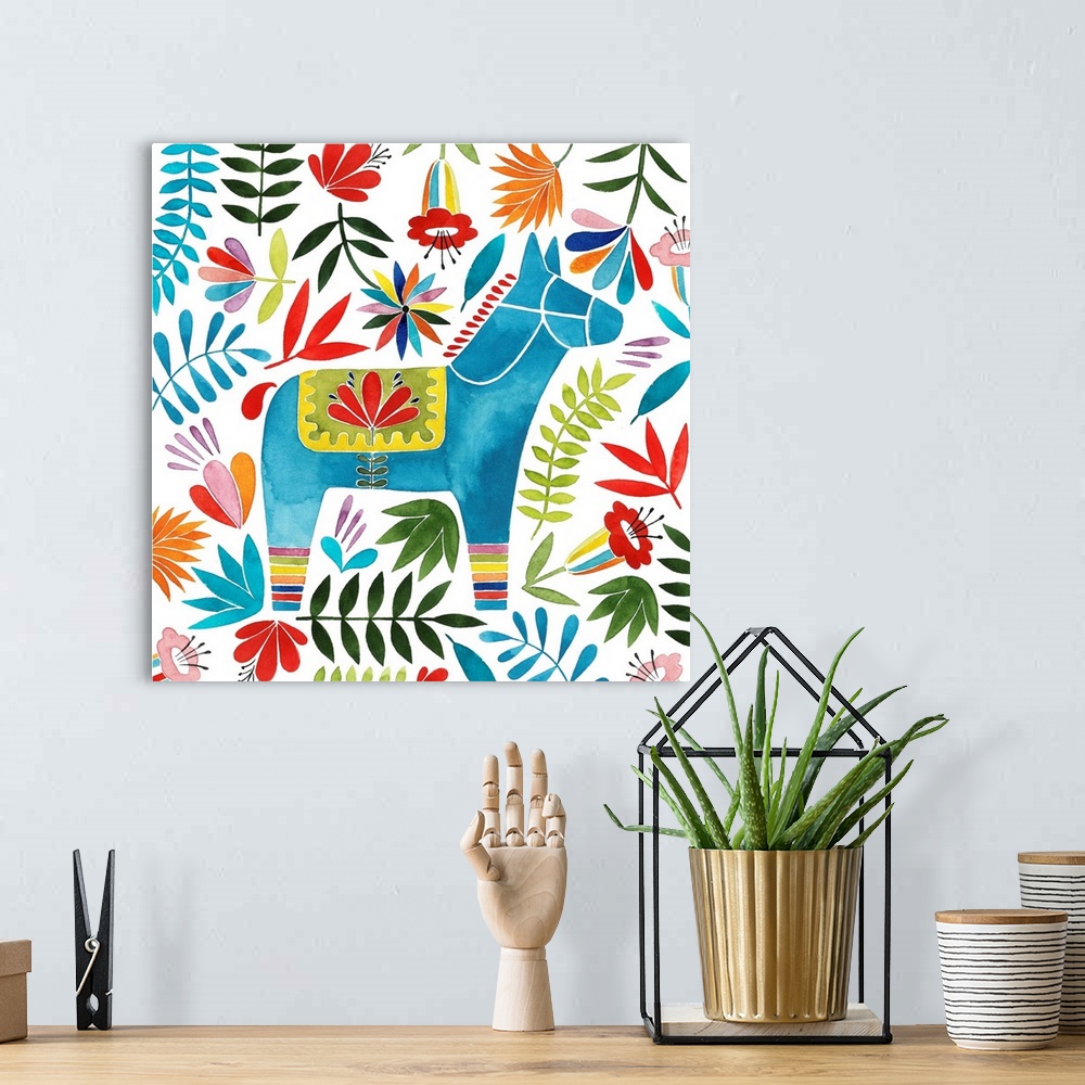 A bohemian room featuring Decorative square watercolor painting of a colorful donkey surrounded by florals with an Otomi look.