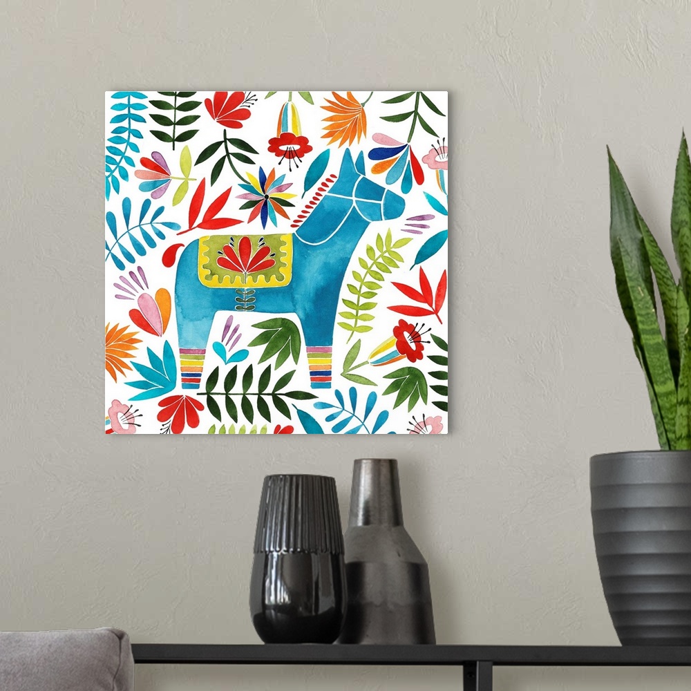 A modern room featuring Decorative square watercolor painting of a colorful donkey surrounded by florals with an Otomi look.