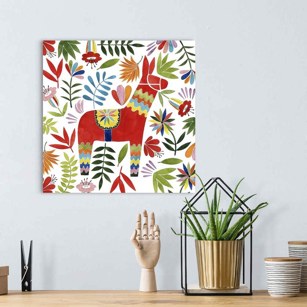 A bohemian room featuring Decorative square watercolor painting of a colorful llama surrounded by florals with an Otomi look.