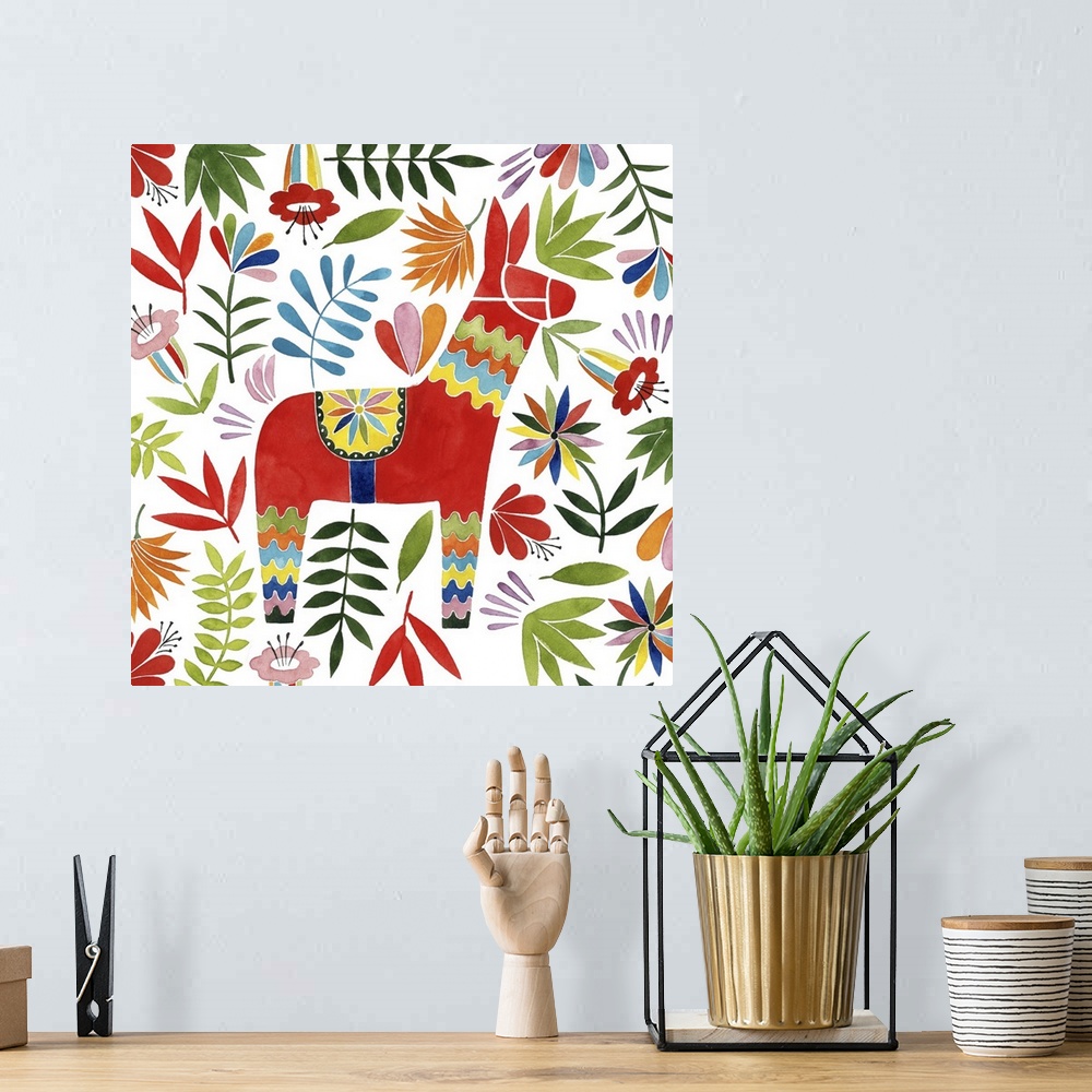 A bohemian room featuring Decorative square watercolor painting of a colorful llama surrounded by florals with an Otomi look.
