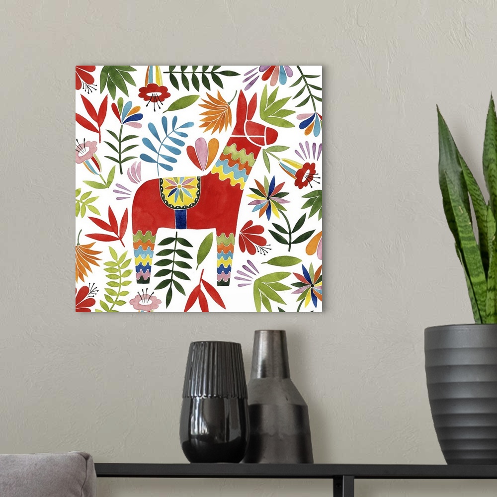 A modern room featuring Decorative square watercolor painting of a colorful llama surrounded by florals with an Otomi look.
