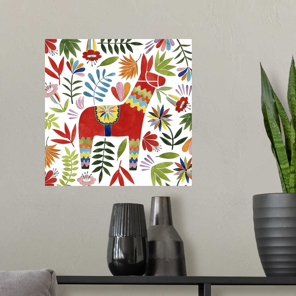 A modern room featuring Decorative square watercolor painting of a colorful llama surrounded by florals with an Otomi look.