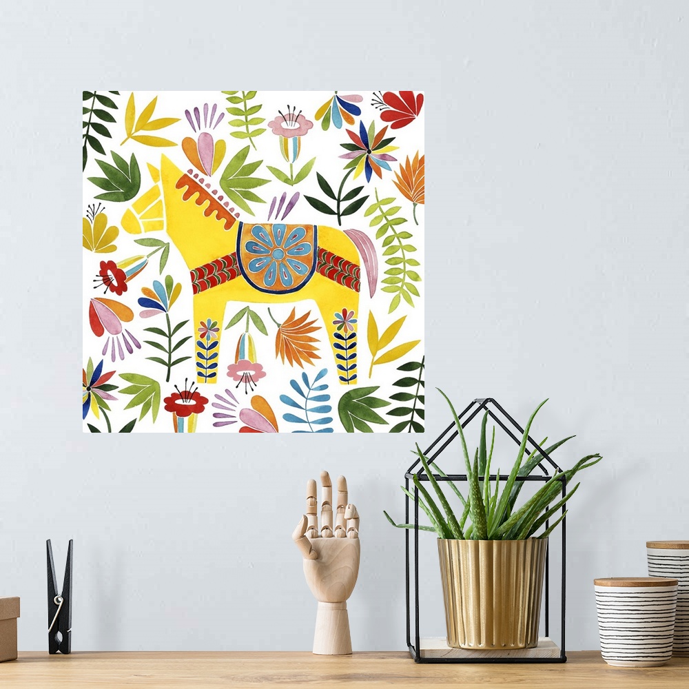 A bohemian room featuring Decorative square watercolor painting of a colorful horse surrounded by florals with an Otomi look.