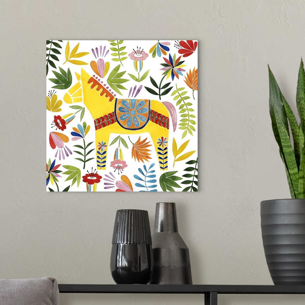 A modern room featuring Decorative square watercolor painting of a colorful horse surrounded by florals with an Otomi look.