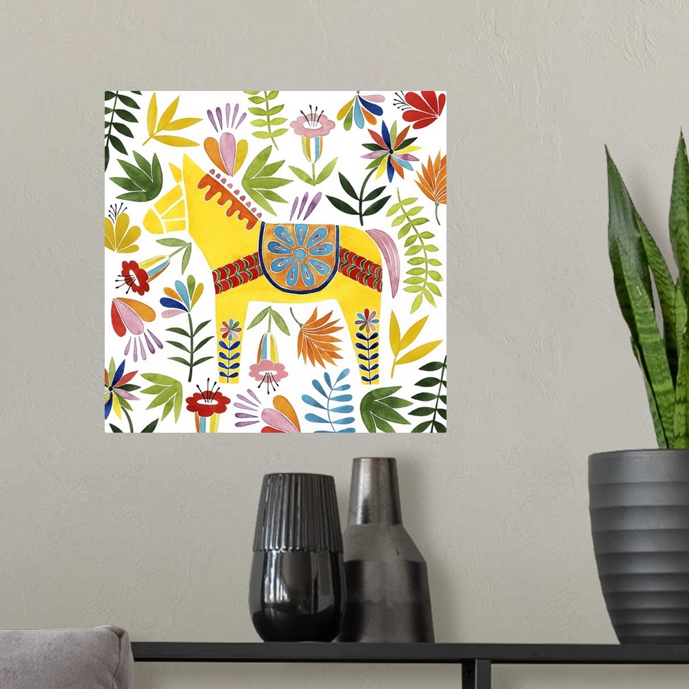 A modern room featuring Decorative square watercolor painting of a colorful horse surrounded by florals with an Otomi look.