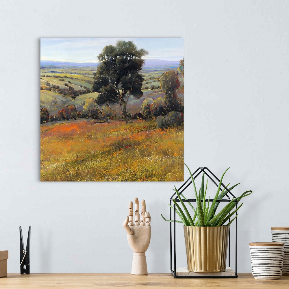 A bohemian room featuring Contemporary landscape painting of a serene countryside landscape in summer with golden field rea...