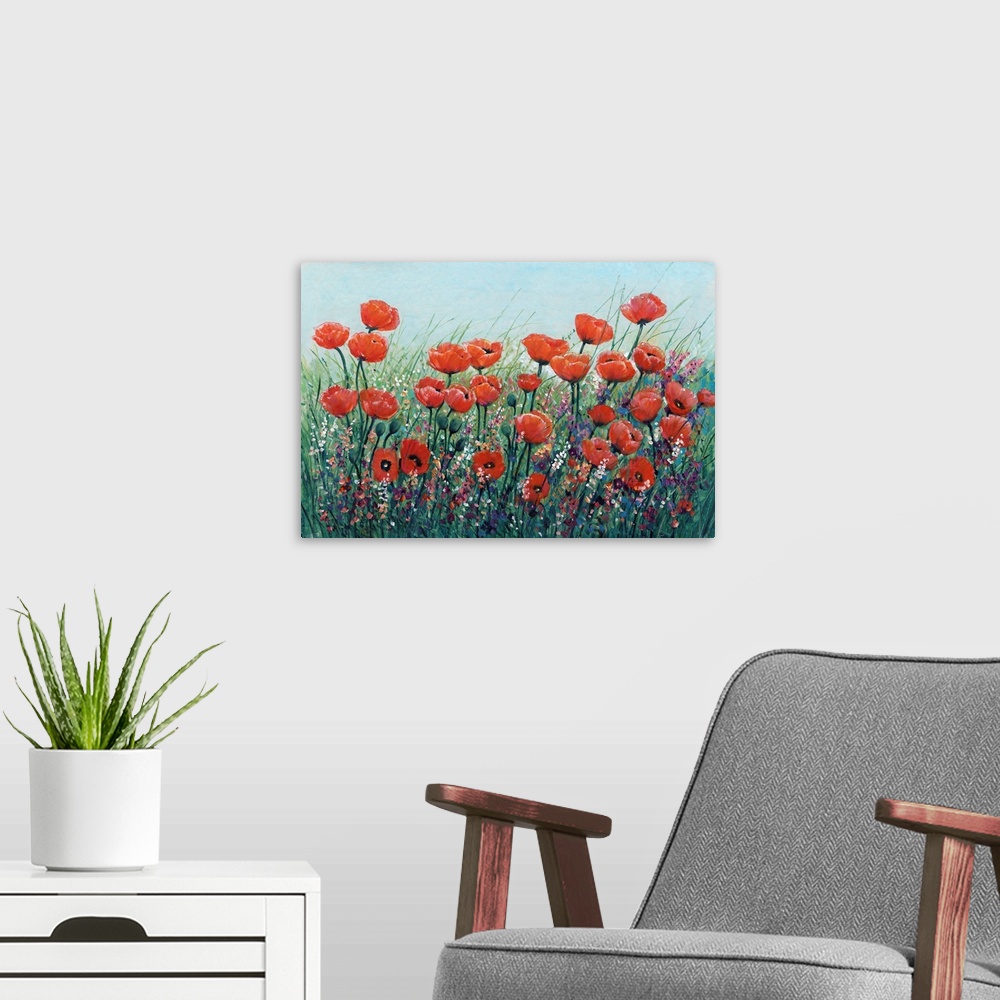 A modern room featuring Field Of Red Poppies I
