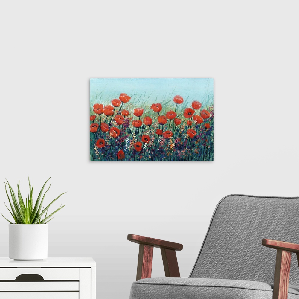 A modern room featuring Field Of Red Poppies II