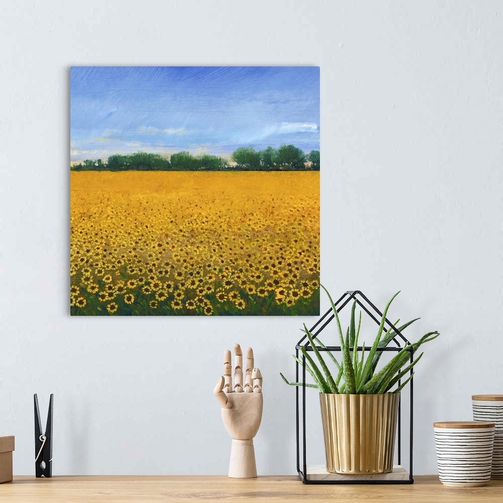 A bohemian room featuring Contemporary painting of a field of yellow sunflowers under a blue sky.