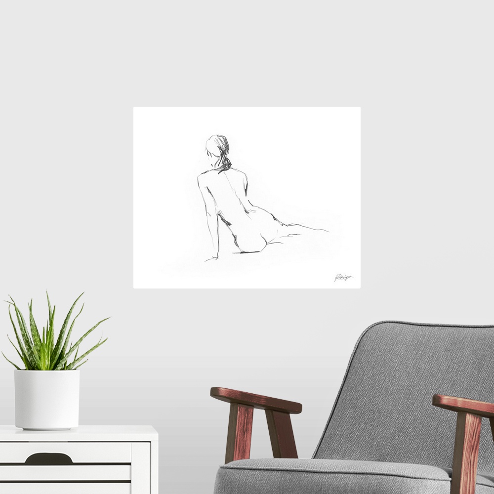 A modern room featuring Simple sketch of a nude female figure, seen from the back.