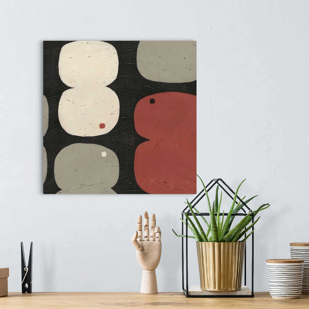 A bohemian room featuring Mid-century inspired contemporary abstract painting using muted colors in organic forms against a...
