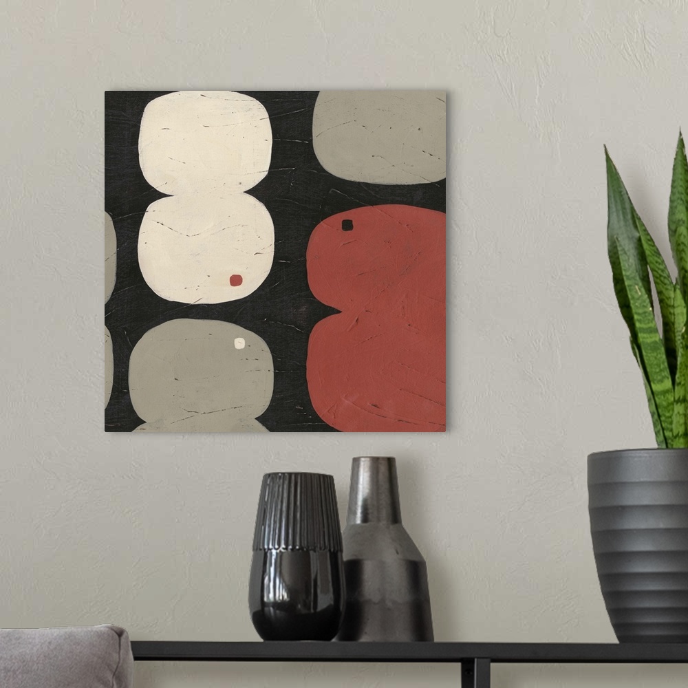 A modern room featuring Mid-century inspired contemporary abstract painting using muted colors in organic forms against a...