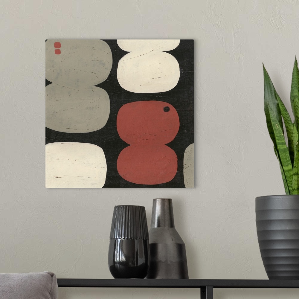 A modern room featuring Mid-century inspired contemporary abstract painting using muted colors in organic forms against a...