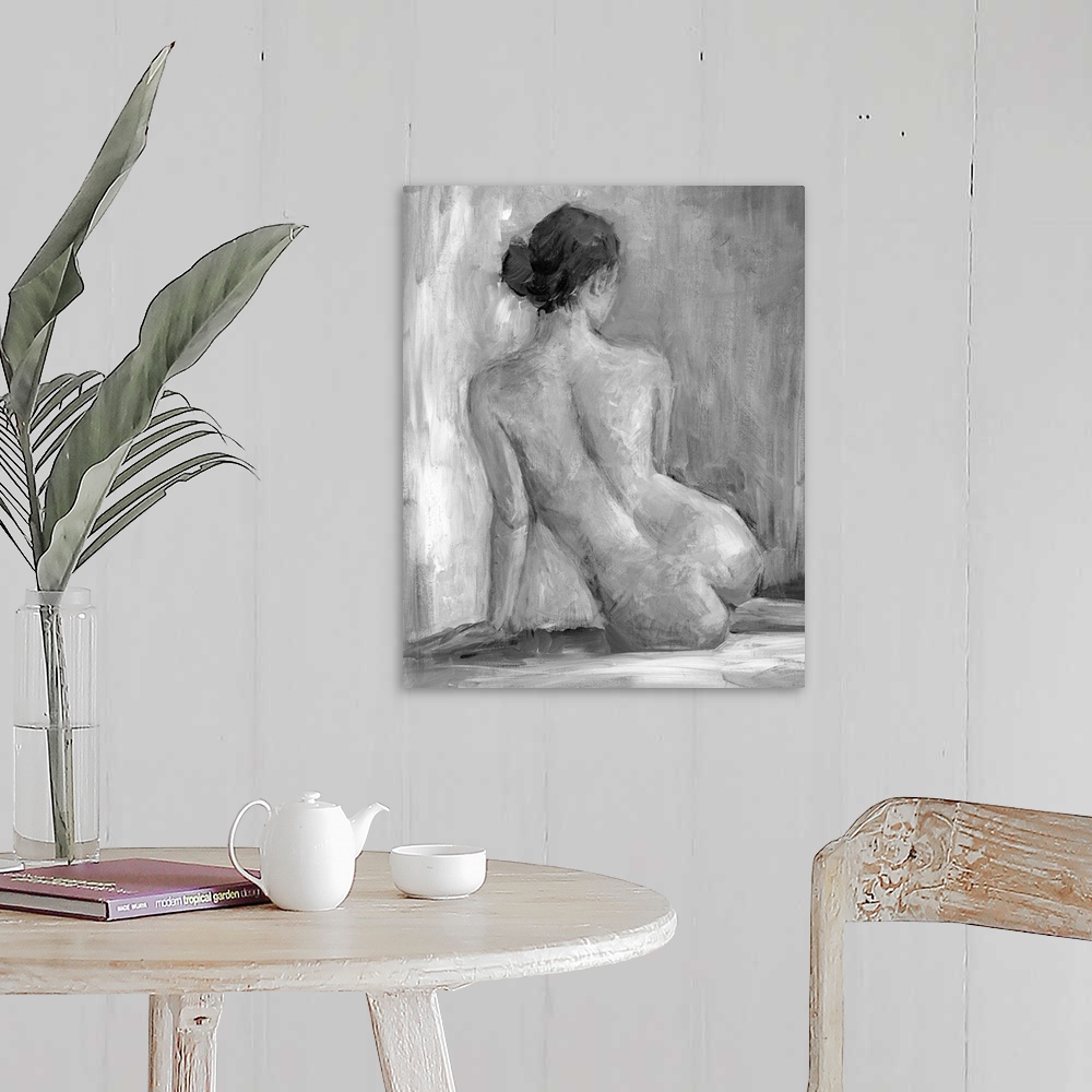 A farmhouse room featuring Nude portrait of the back of a seated woman. Her back to the artist the lady stares off into the ...