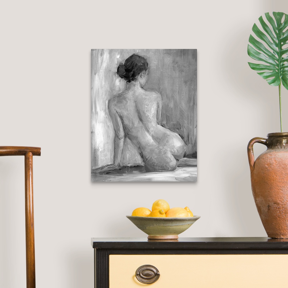 A traditional room featuring Nude portrait of the back of a seated woman. Her back to the artist the lady stares off into the ...