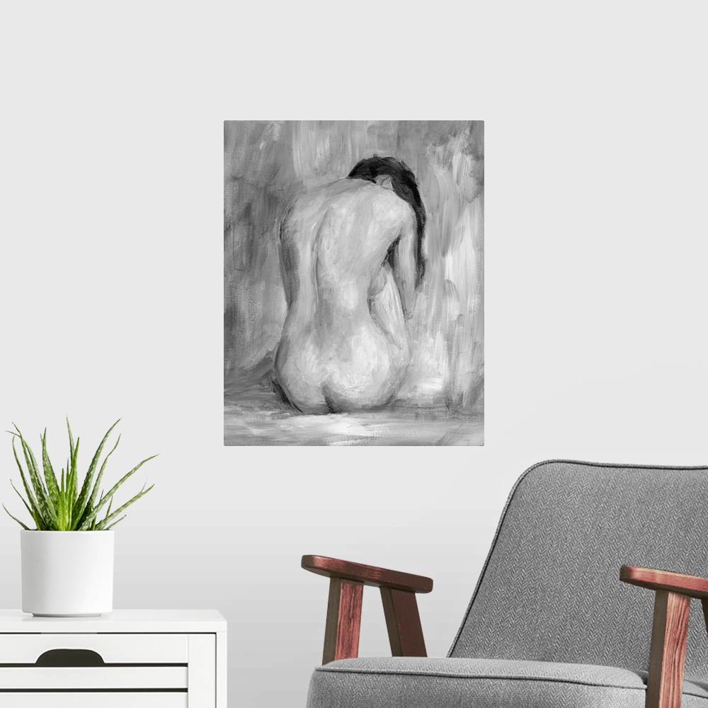 A modern room featuring Portrait, large figurative painting of the back of a nude woman sitting on the floor, her head ha...
