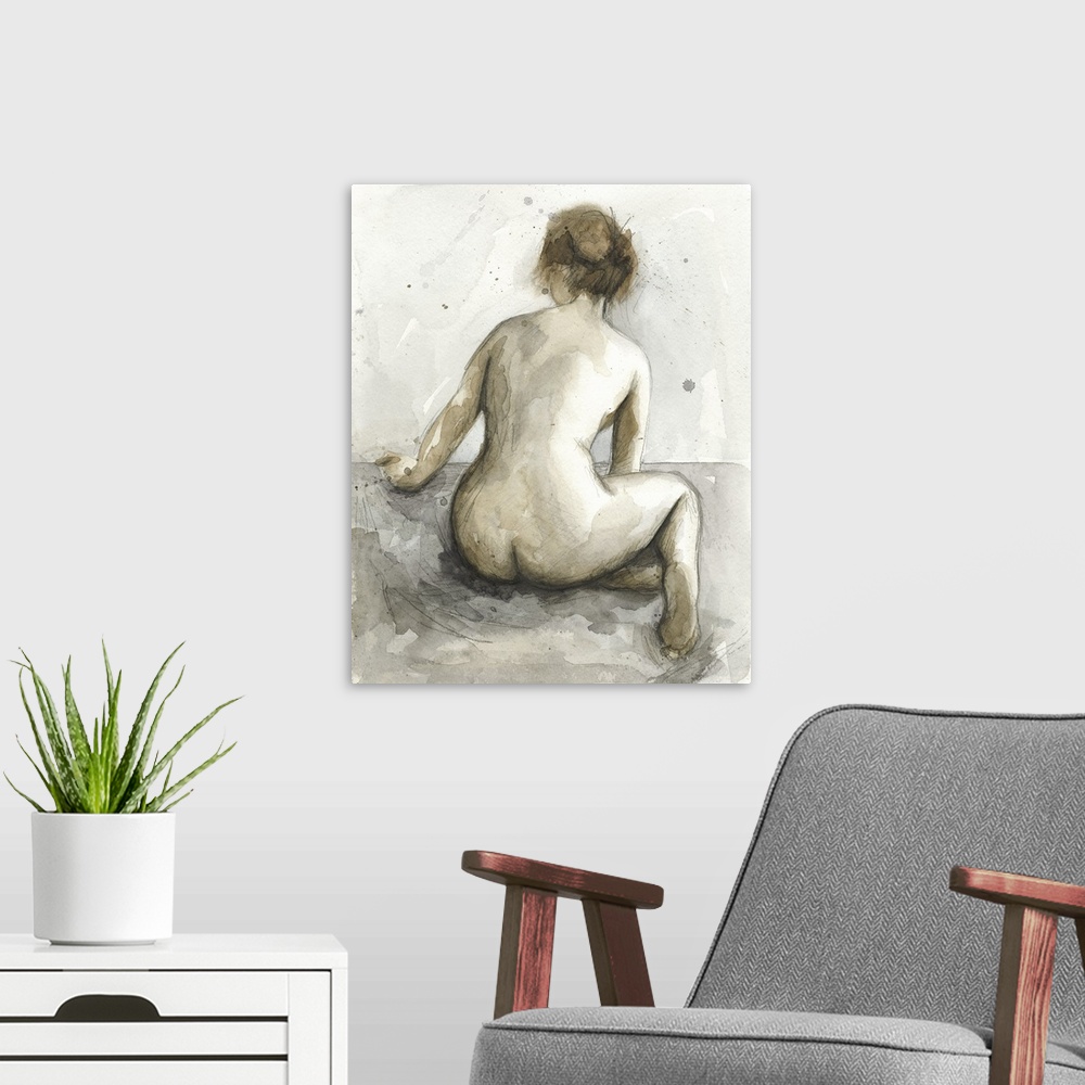 A modern room featuring Watercolor painting of a nude female seated with back turned to viewer.