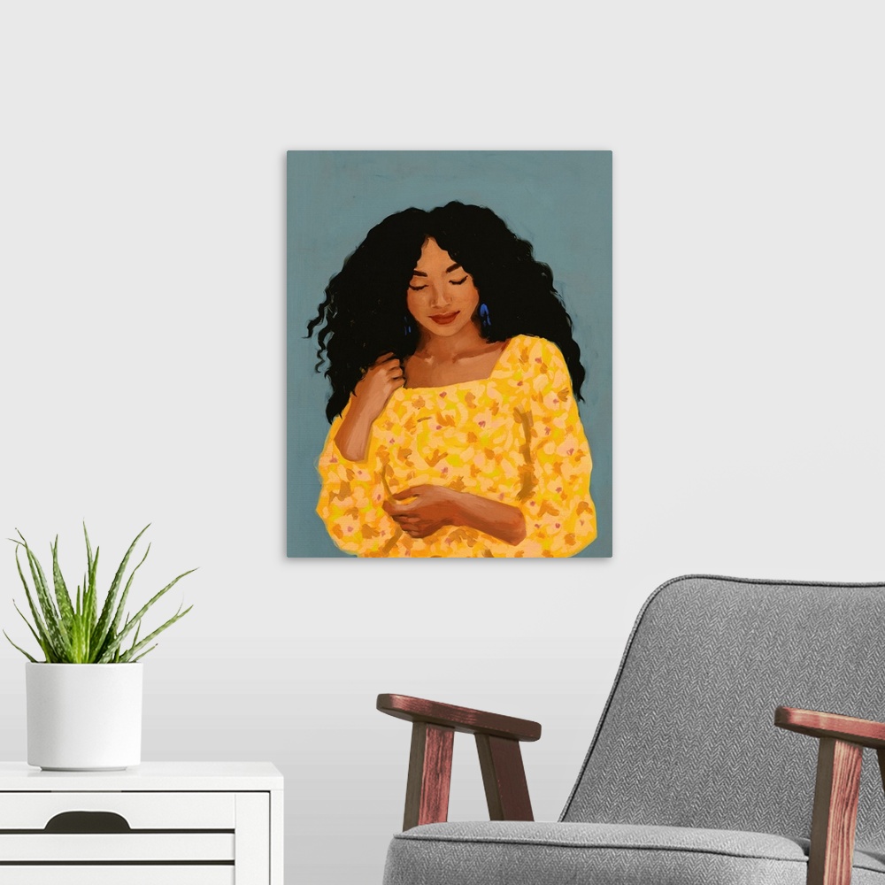 A modern room featuring Figure In Yellow Dress
