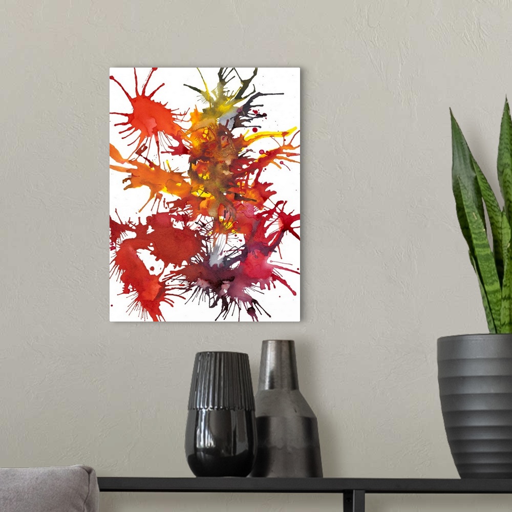 A modern room featuring Abstract painting of splattered paint in deep red and orange, resembling fireworks.