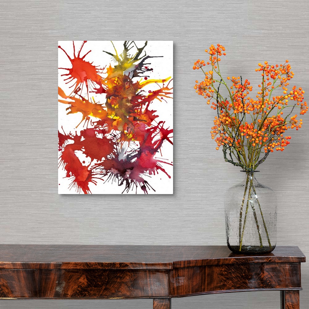 A traditional room featuring Abstract painting of splattered paint in deep red and orange, resembling fireworks.