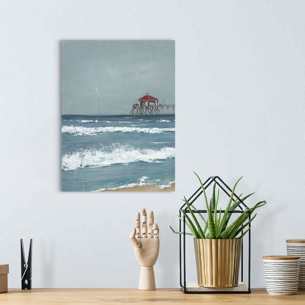 A bohemian room featuring Part one of a stormy coastal beach painting with thick paint creases throughout.
