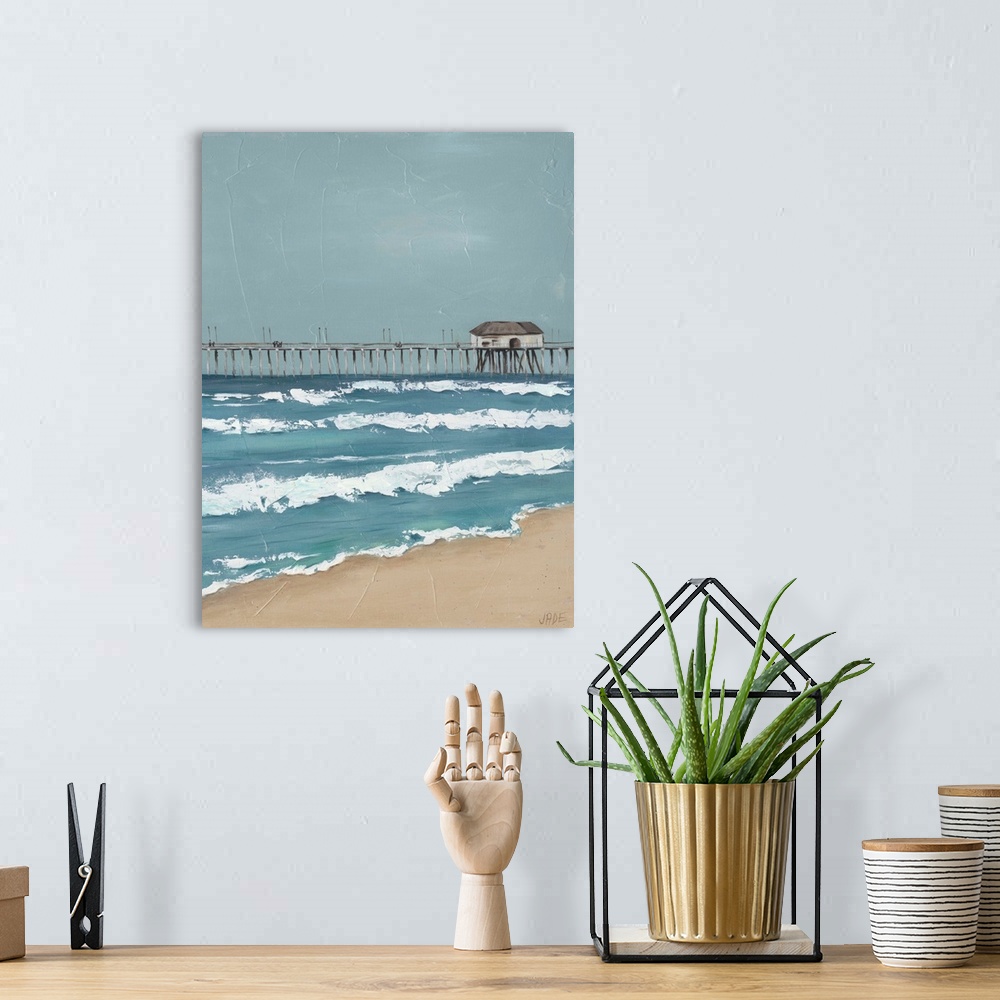 A bohemian room featuring Part twoof a stormy coastal beach painting with thick paint creases throughout.