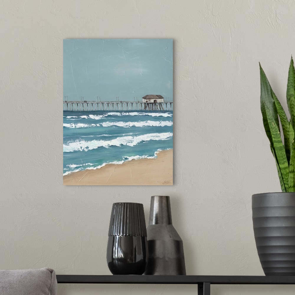 A modern room featuring Part twoof a stormy coastal beach painting with thick paint creases throughout.