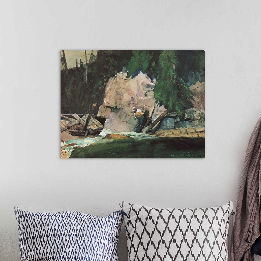 A bohemian room featuring Contemporary watercolor painting of a man fishing in a river in the wilderness.